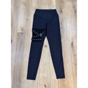 Halara Leggings Womens Medium Black Crossover Buckle Mesh Cutout Goth Athleisure